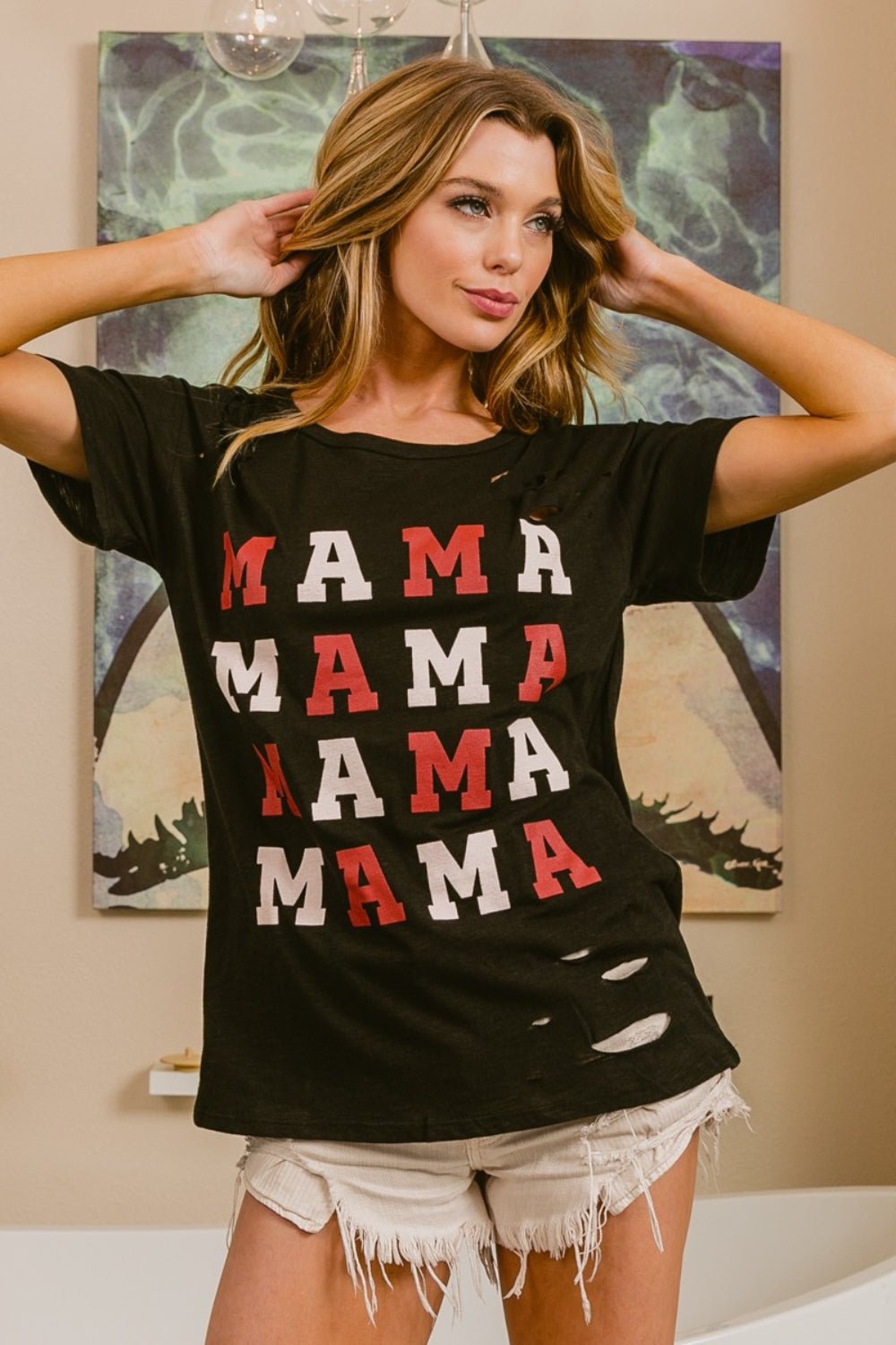 BiBi MAMA Graphic Distressed Short Sleeve T-Shirt - Runway Regalia