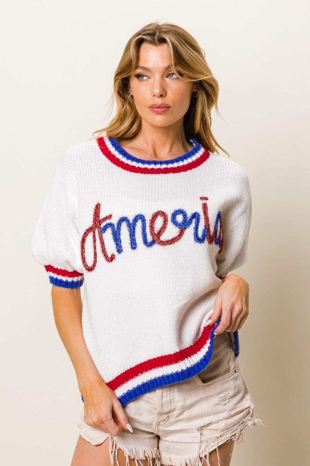 BiBi Metallic America Letter Short Sleeve Sweater - Runway Regalia