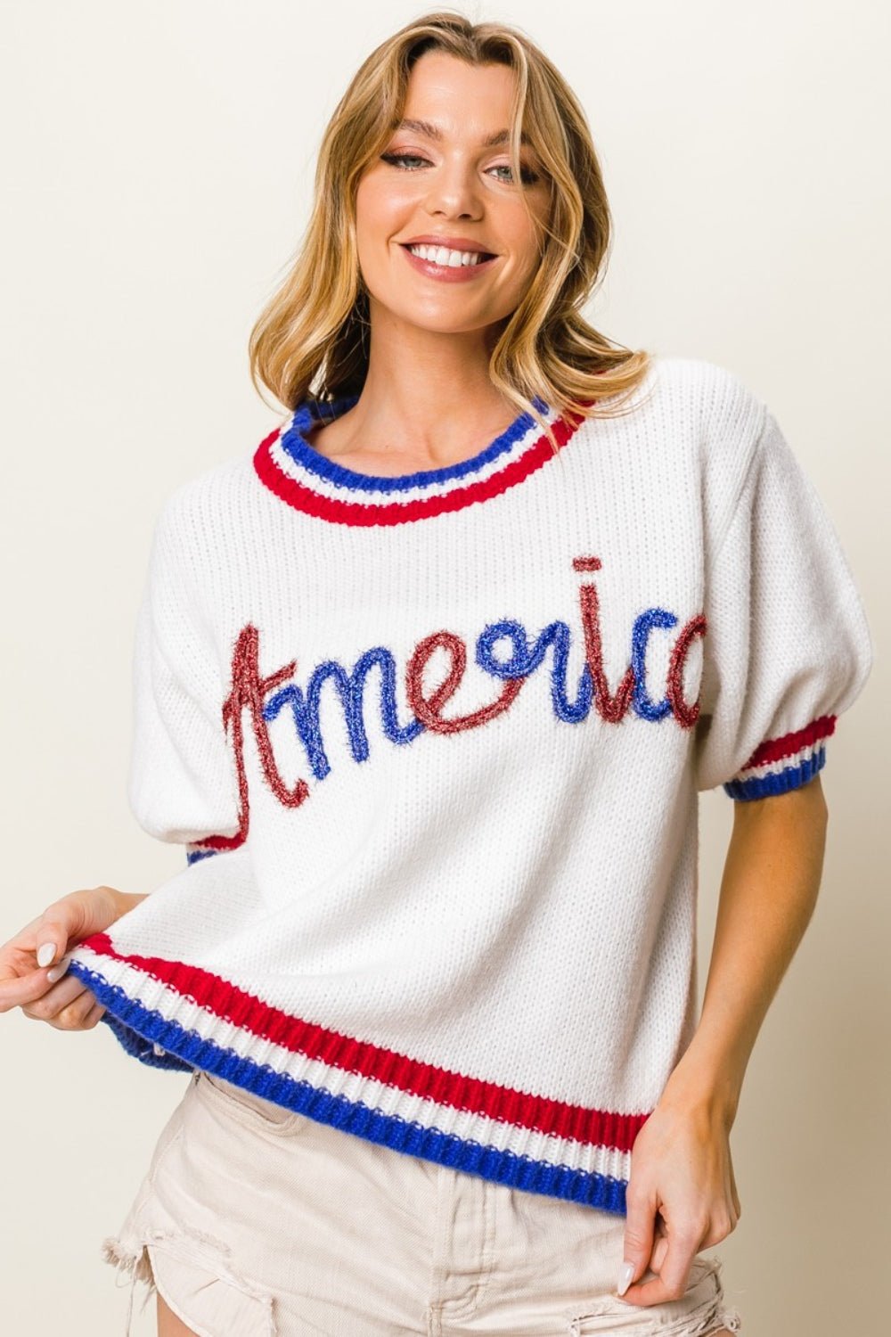 BiBi Metallic America Letter Short Sleeve Sweater - Runway Regalia