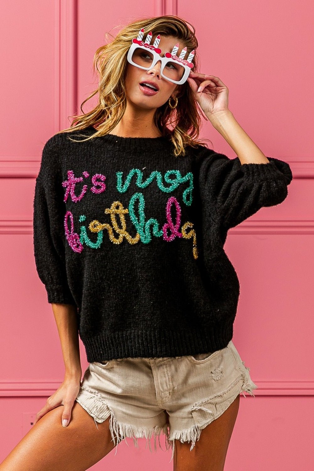 BiBi Metallic Letter Puff Sleeve Hairy Sweater - Runway Regalia