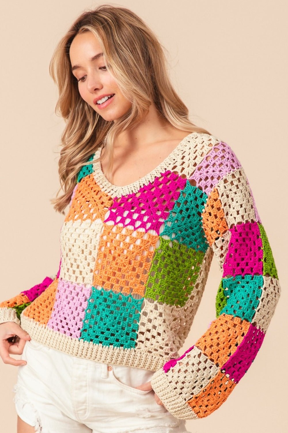 BiBi Multi Color Checkered Long Sleeve Knit Top - Runway Regalia