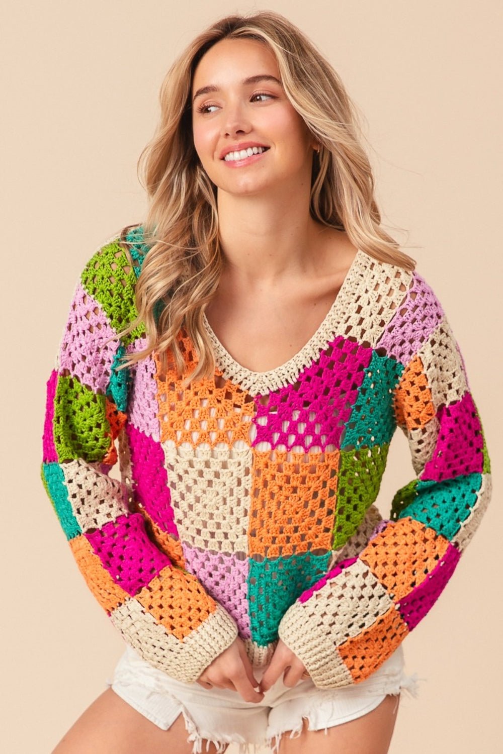 BiBi Multi Color Checkered Long Sleeve Knit Top - Runway Regalia