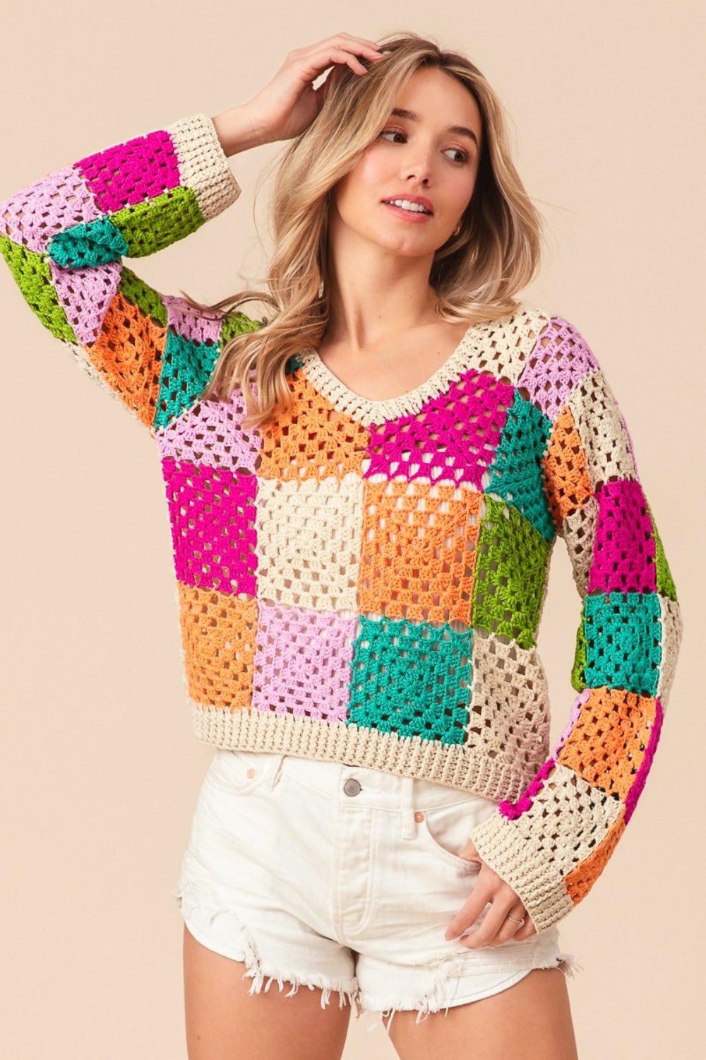 BiBi Multi Color Checkered Long Sleeve Knit Top - Runway Regalia