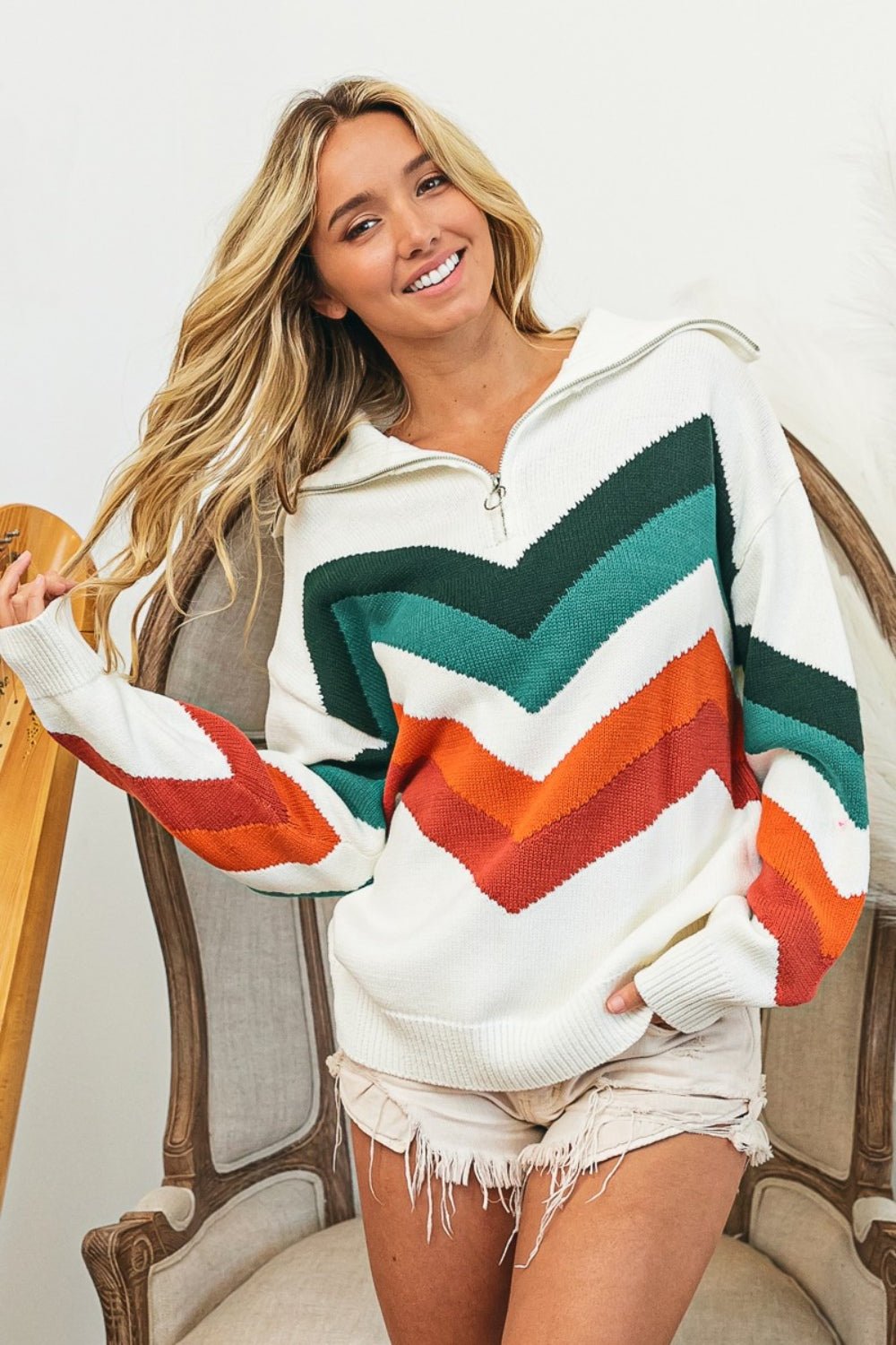 BiBi Multi Color Chevron Pattern Sweater - Runway Regalia