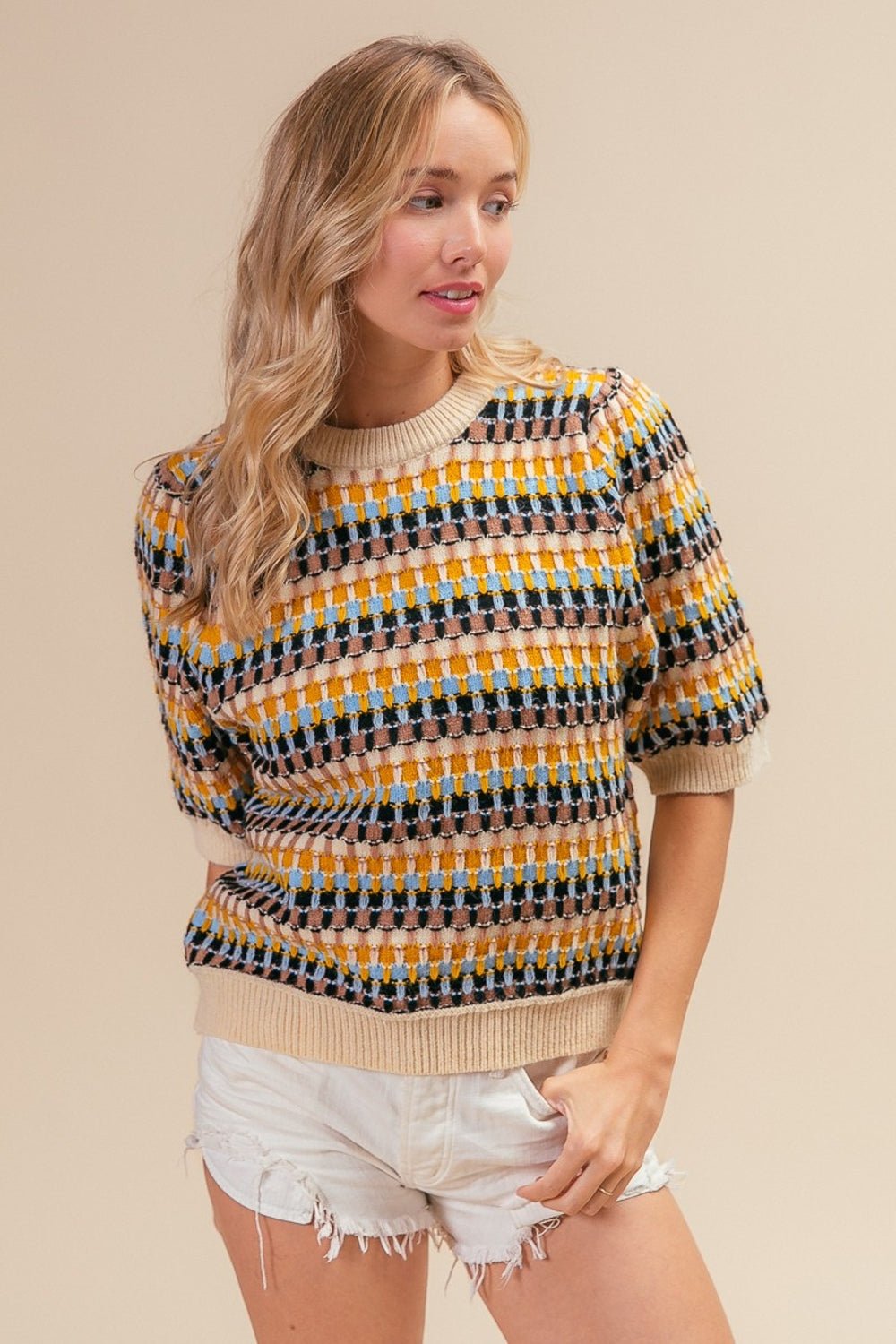 BiBi Multi Color Half Sleeve Sweater - Runway Regalia