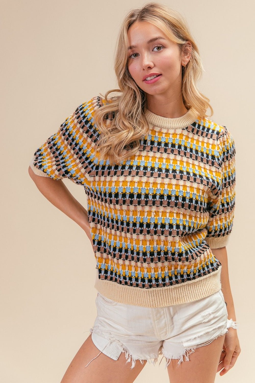 BiBi Multi Color Half Sleeve Sweater - Runway Regalia