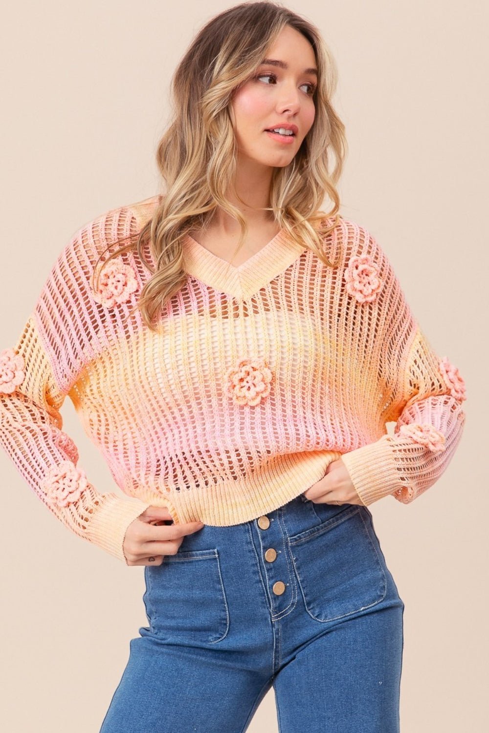 BiBi Ombre Crochet Flower Knit Top - Runway Regalia