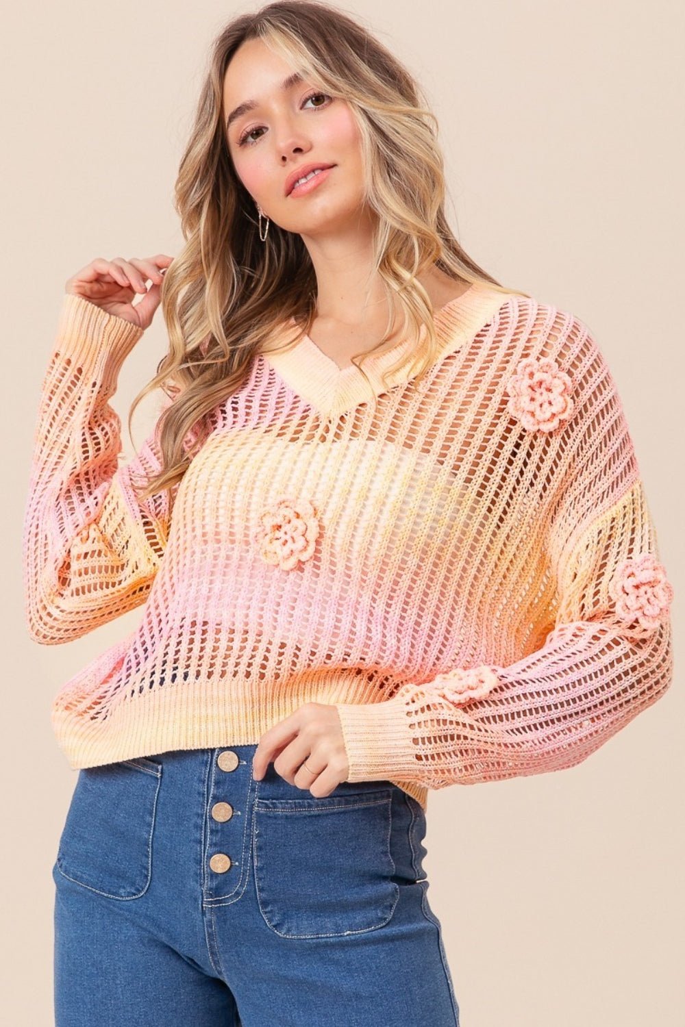 BiBi Ombre Crochet Flower Knit Top - Runway Regalia