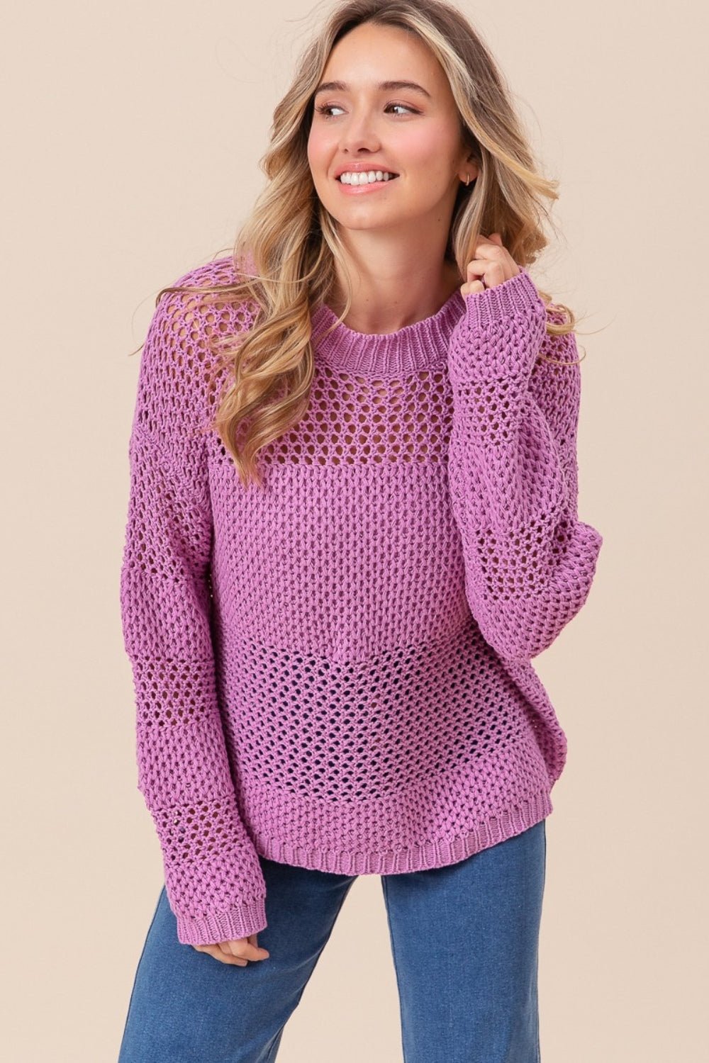 BiBi Openwork Long Sleeve Knit Top - Runway Regalia