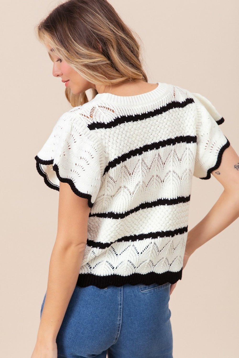 BiBi Pointelle Contrast Striped Short Sleeve Knit Top - Runway Regalia