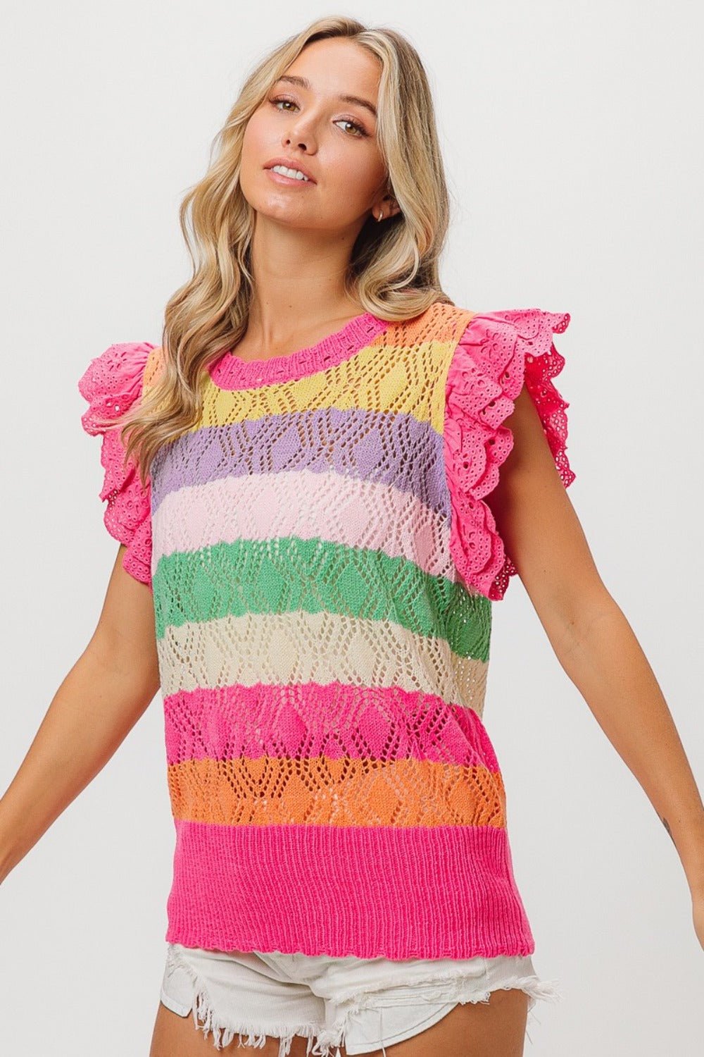 BiBi Pointelle Striped Ruffled Knit Top - Runway Regalia