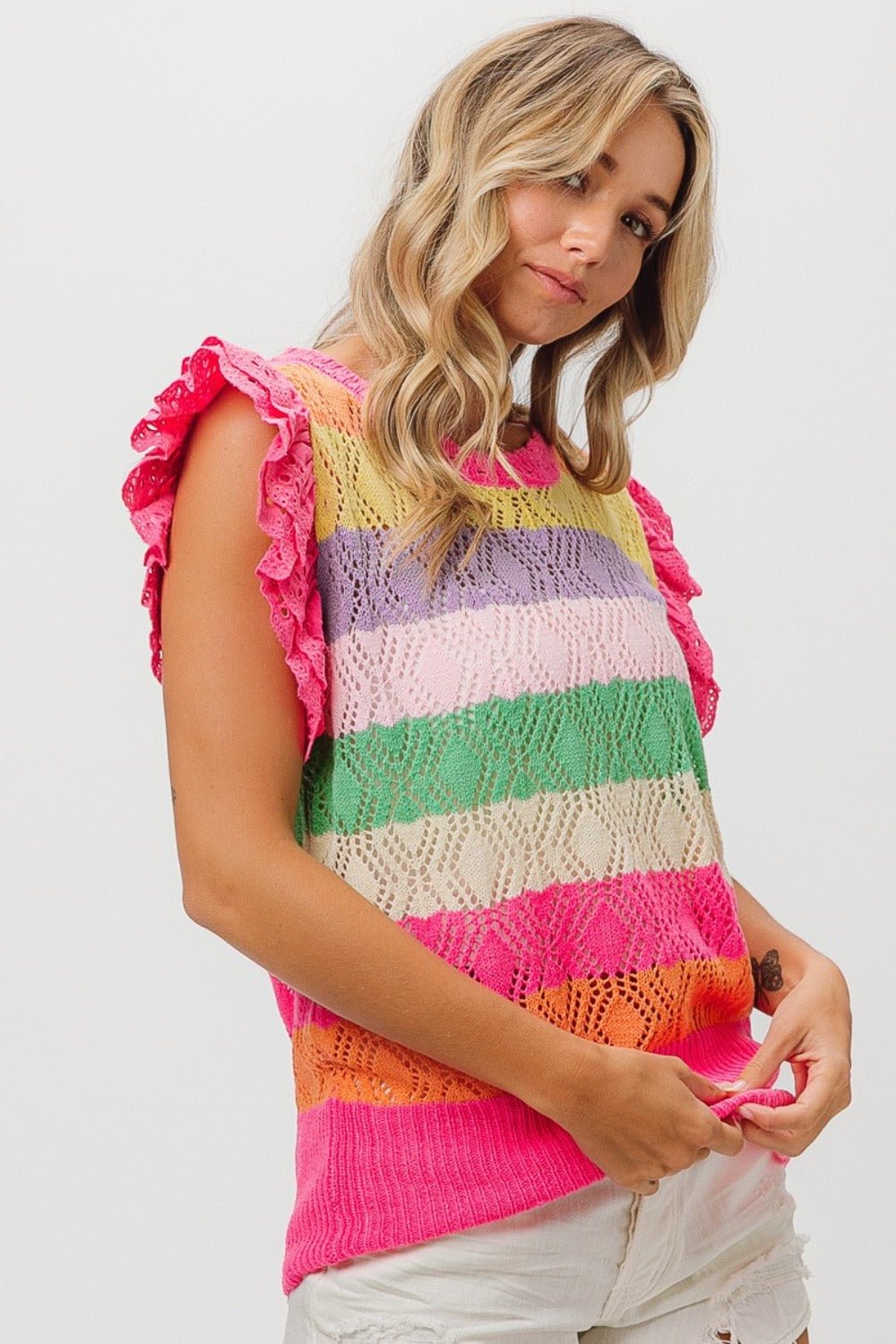 BiBi Pointelle Striped Ruffled Knit Top - Runway Regalia