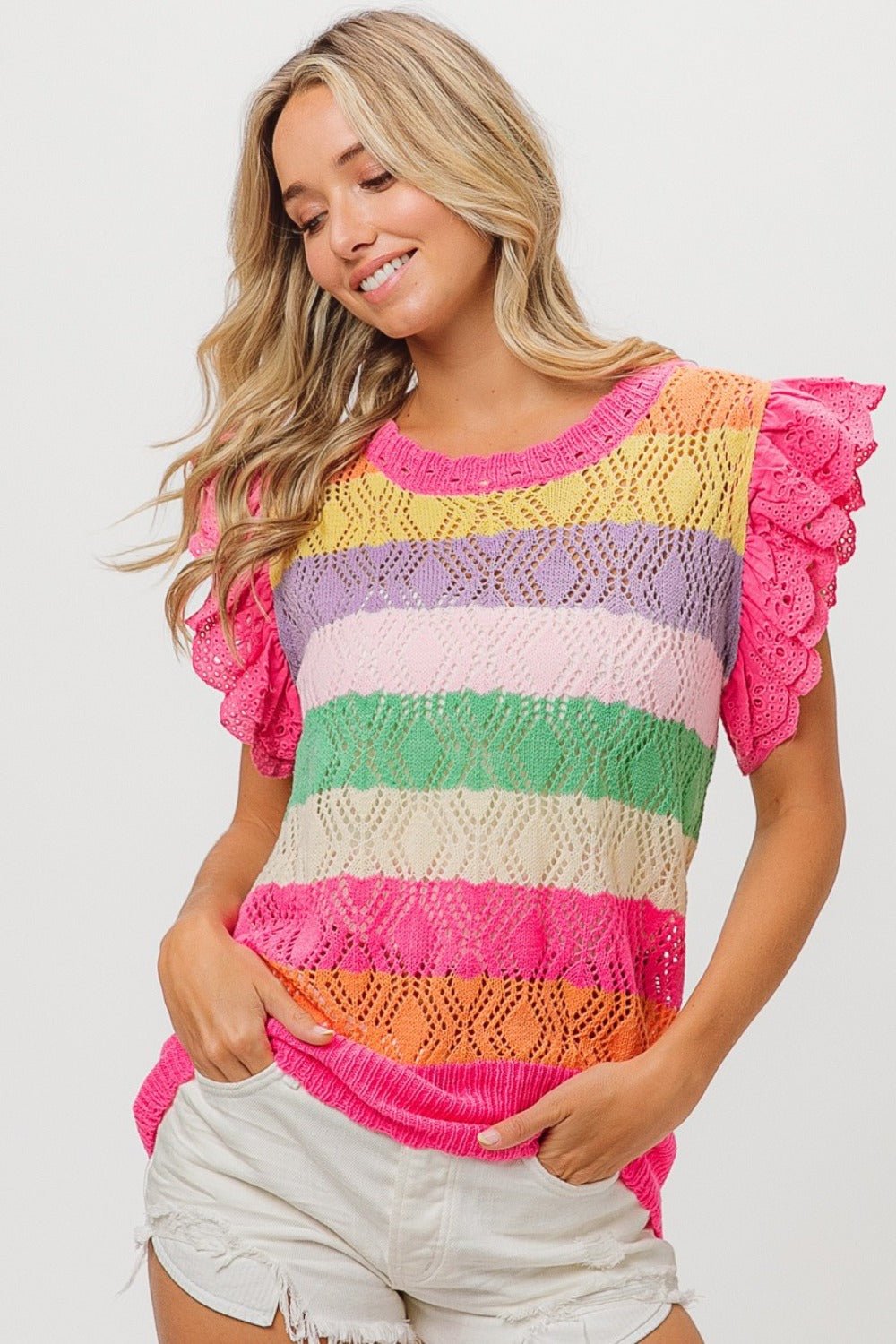 BiBi Pointelle Striped Ruffled Knit Top - Runway Regalia