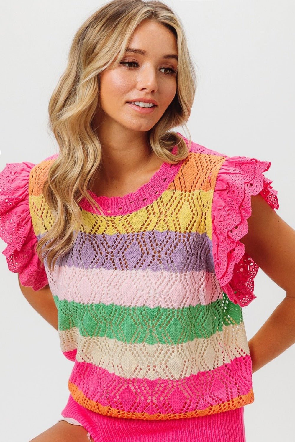 BiBi Pointelle Striped Ruffled Knit Top - Runway Regalia