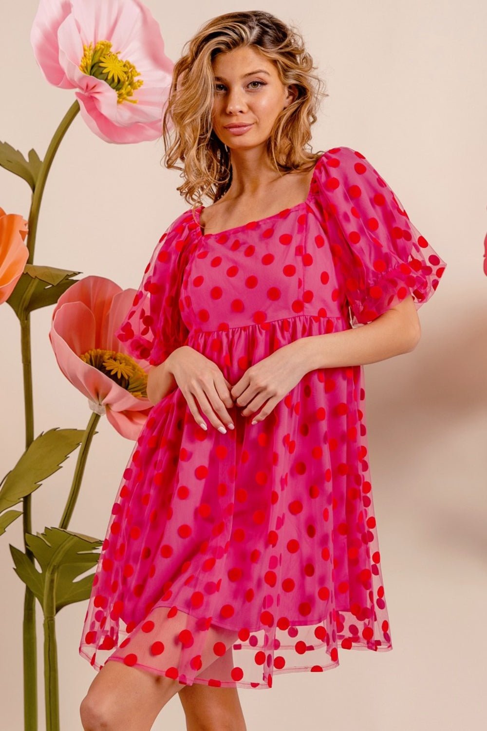 BiBi Polka Dot Mesh Puff Sleeve Dress - Runway Regalia