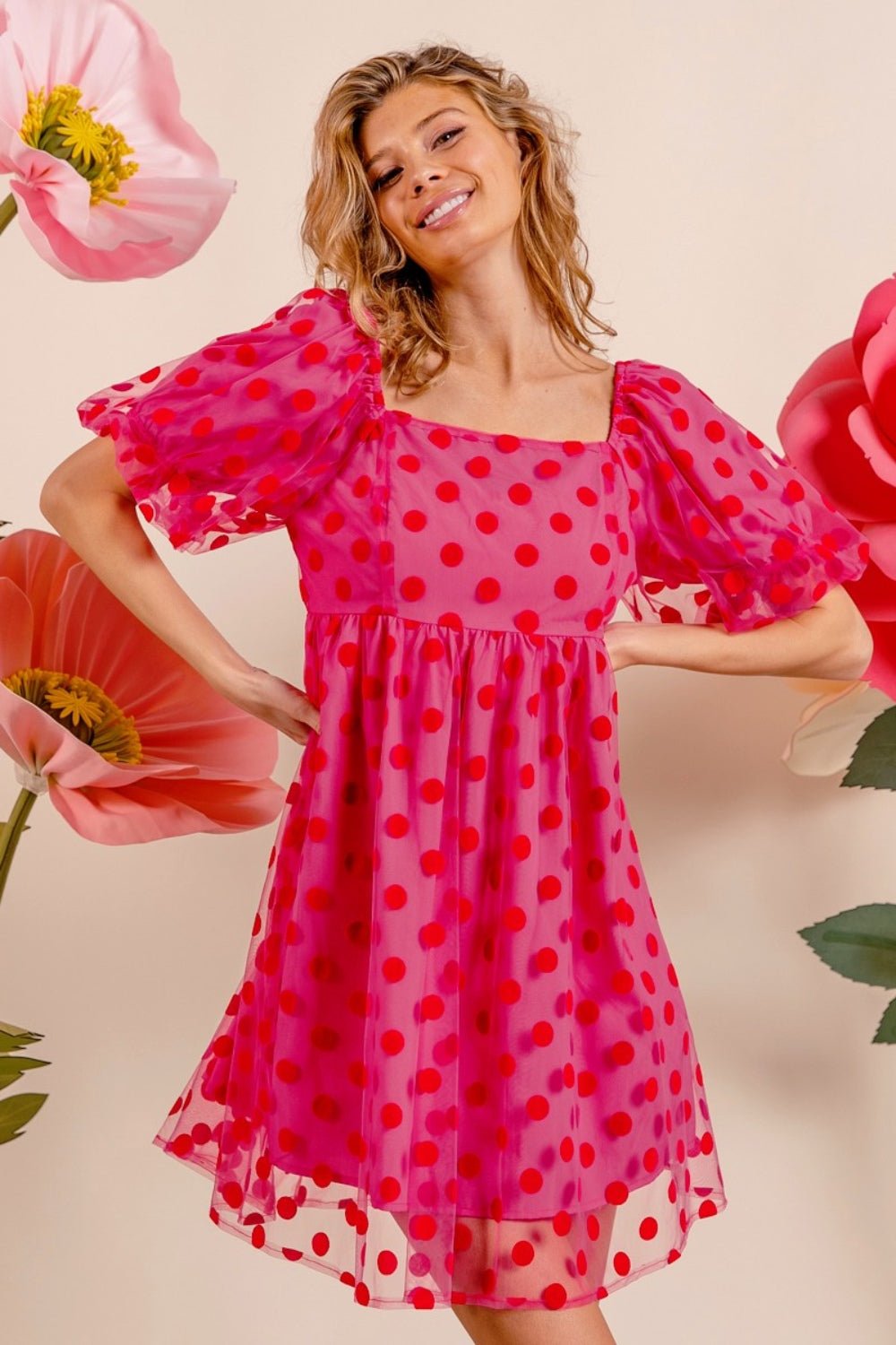 BiBi Polka Dot Mesh Puff Sleeve Dress - Runway Regalia