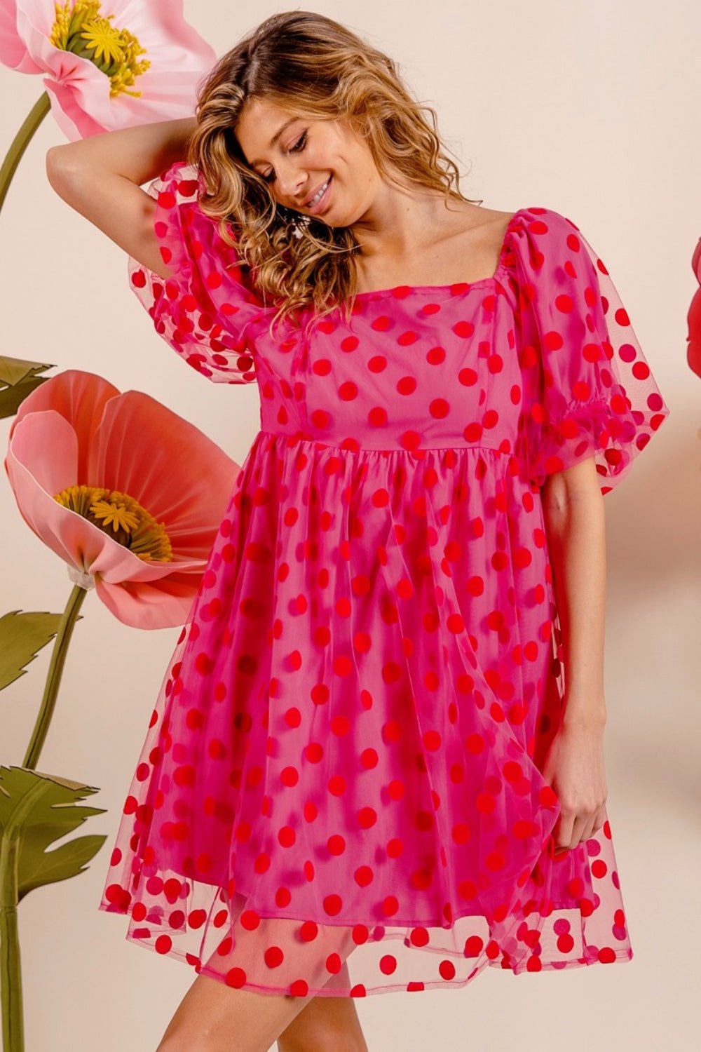 BiBi Polka Dot Mesh Puff Sleeve Dress - Runway Regalia