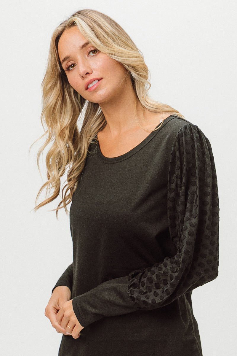 BiBi Round Neck Polka Dot Lantern Sleeve Top - Runway Regalia