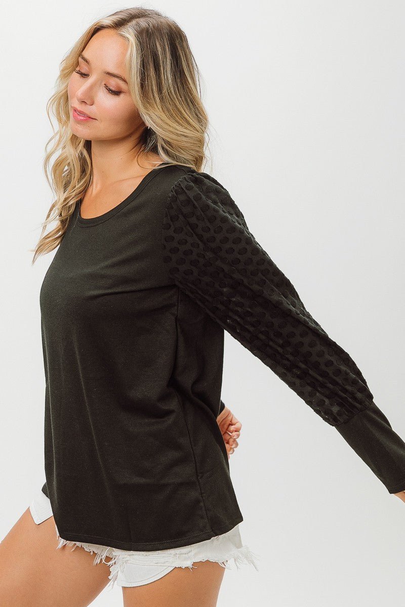 BiBi Round Neck Polka Dot Lantern Sleeve Top - Runway Regalia