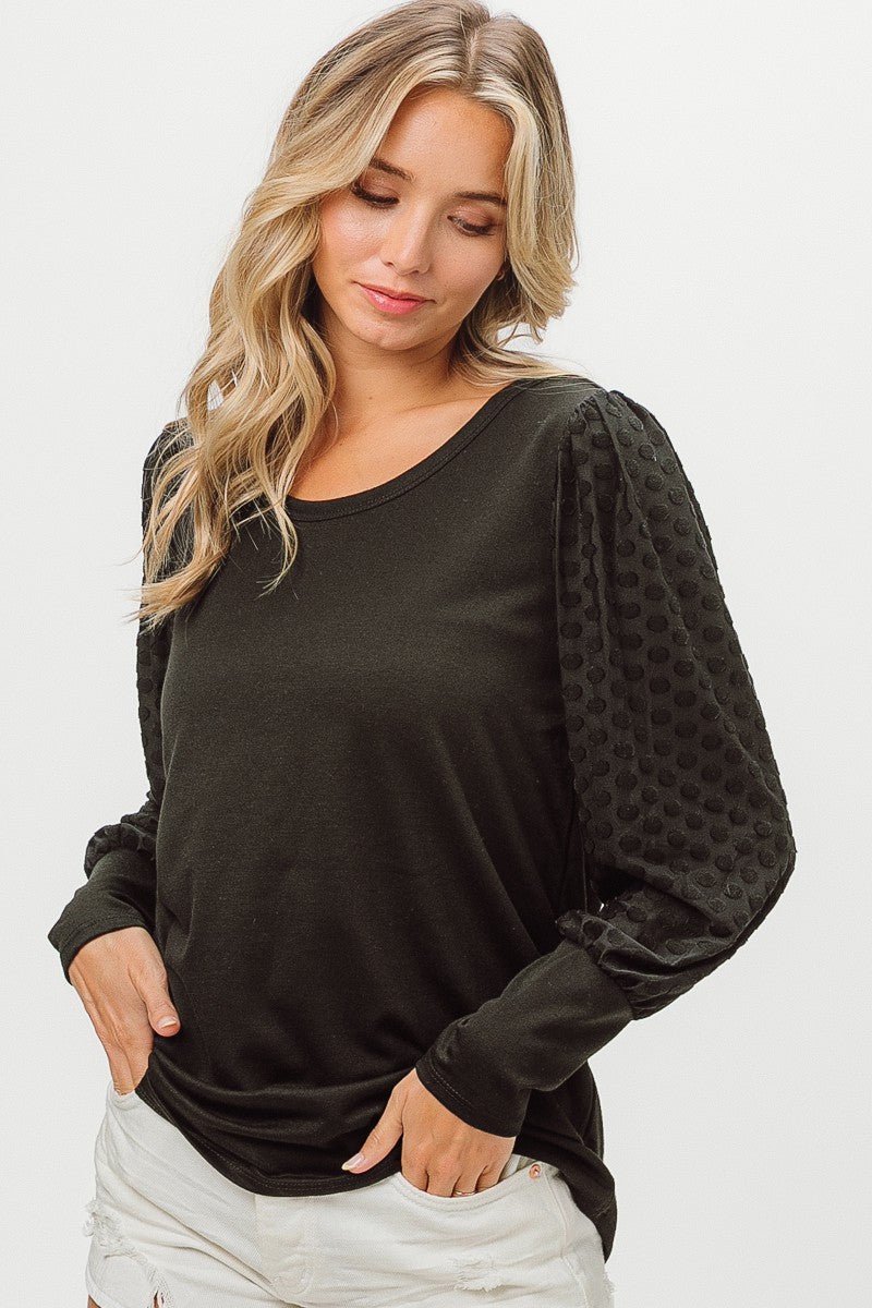 BiBi Round Neck Polka Dot Lantern Sleeve Top - Runway Regalia