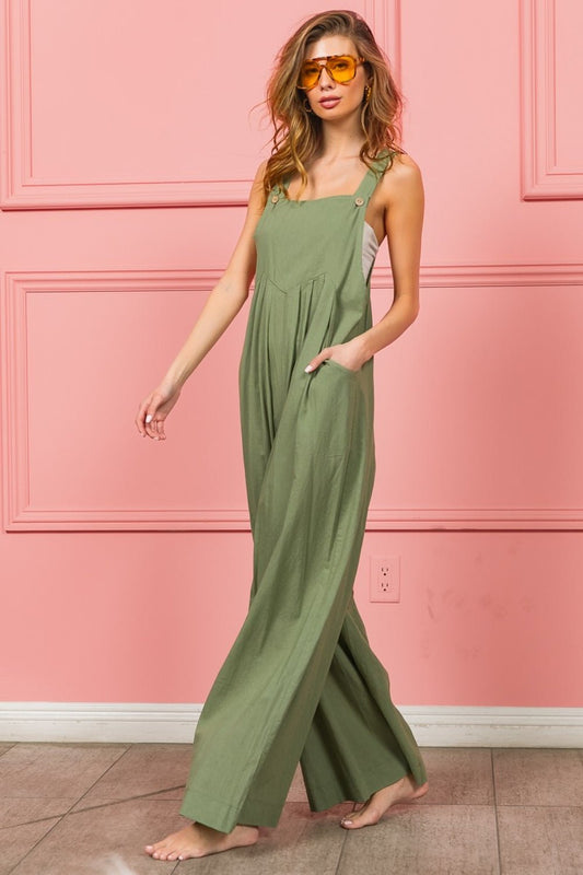 BiBi Ruched Wide Leg Overalls with Pockets - Runway Regalia