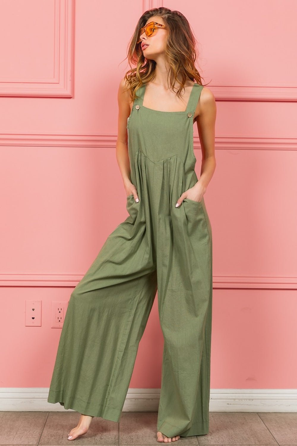 BiBi Ruched Wide Leg Overalls with Pockets - Runway Regalia