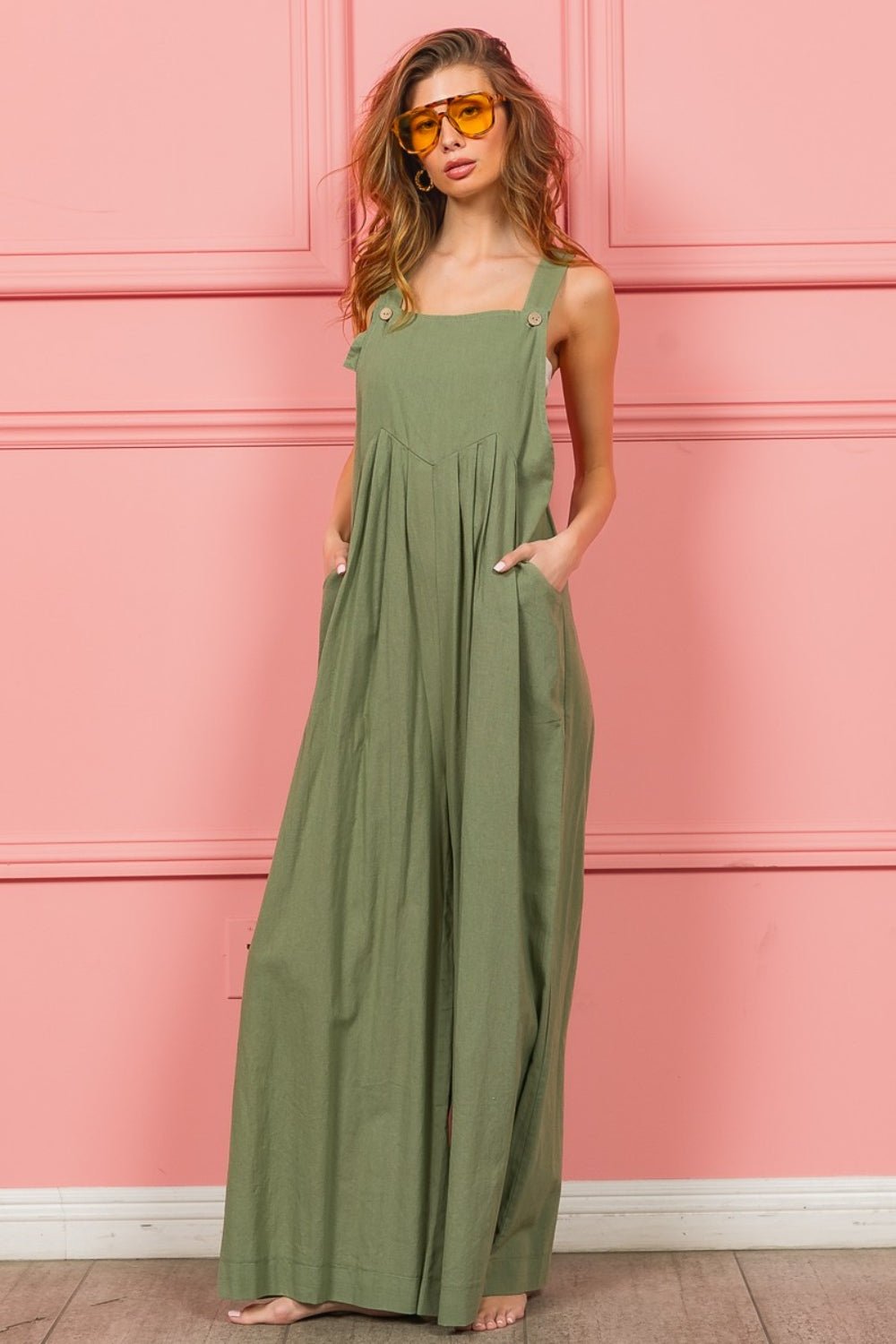 BiBi Ruched Wide Leg Overalls with Pockets - Runway Regalia