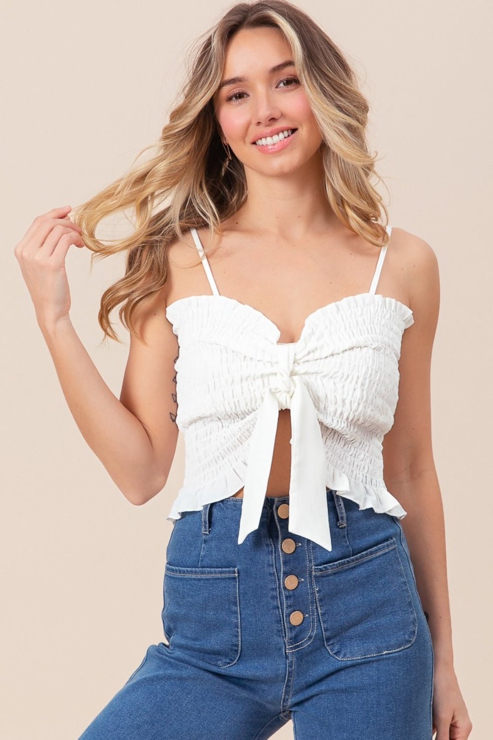 BiBi Ruffled Smocked Ribbon Detail Cami - Runway Regalia