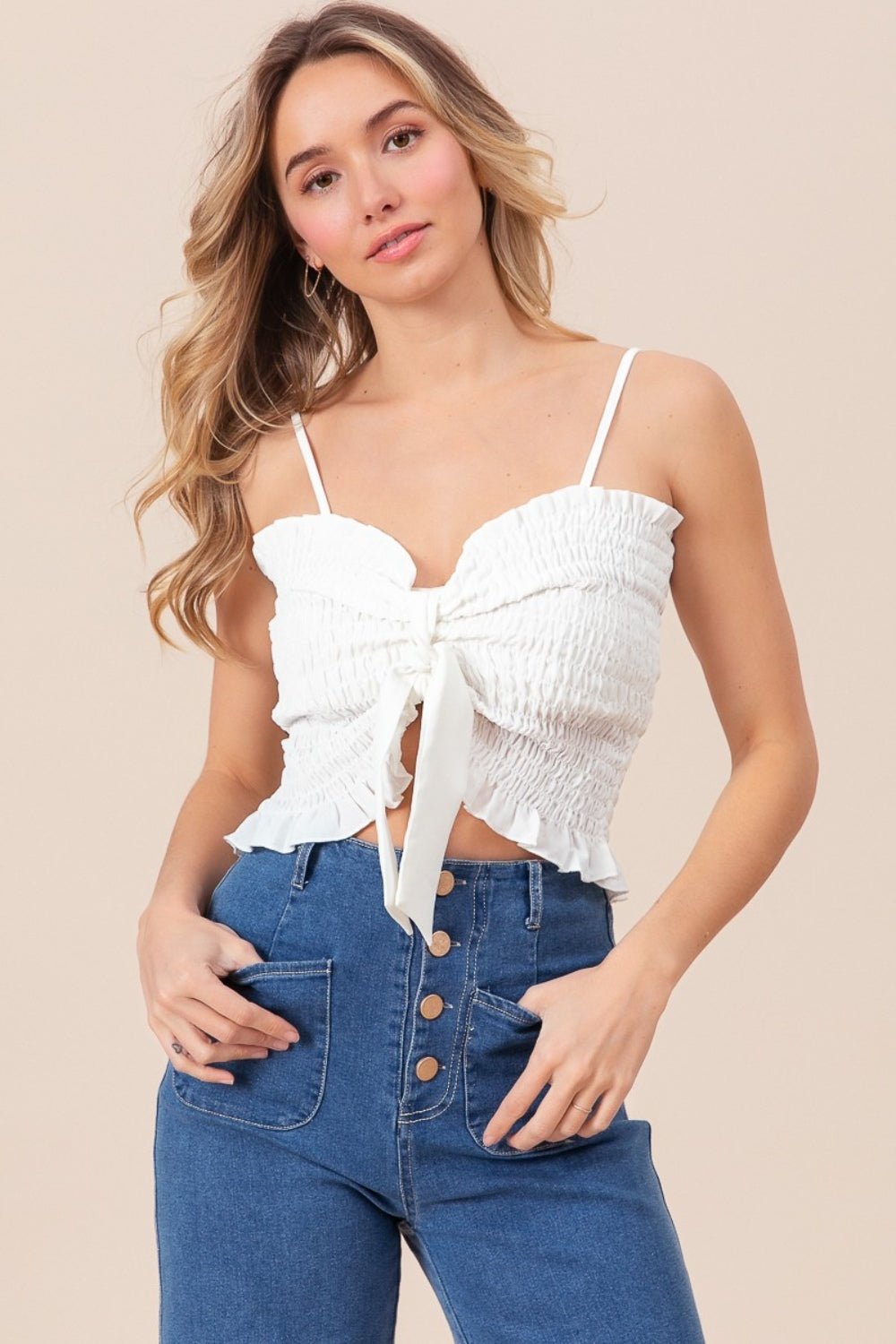 BiBi Ruffled Smocked Ribbon Detail Cami - Runway Regalia