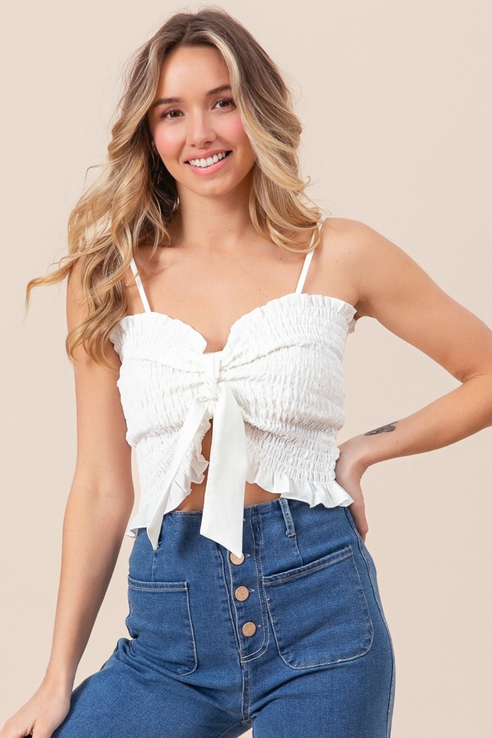 BiBi Ruffled Smocked Ribbon Detail Cami - Runway Regalia