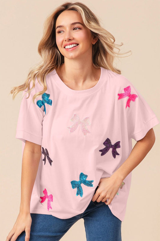 BiBi Sequin Bow Patch Short Sleeve T-Shirt - Runway Regalia