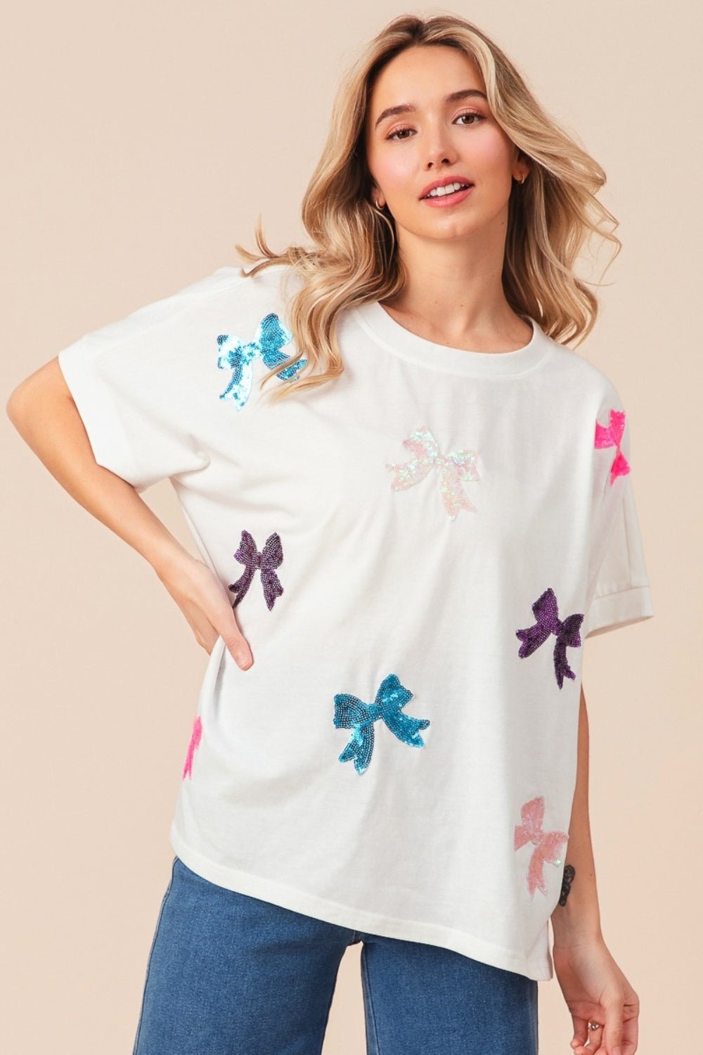 BiBi Sequin Bow Patch Short Sleeve T-Shirt - Runway Regalia