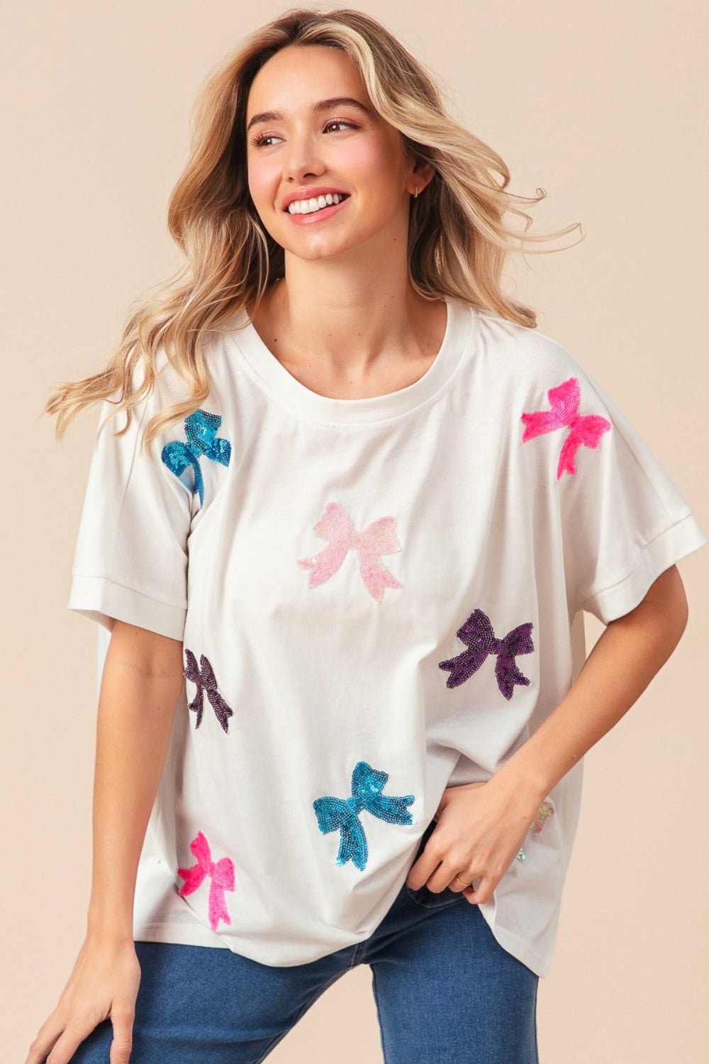 BiBi Sequin Bow Patch Short Sleeve T-Shirt - Runway Regalia