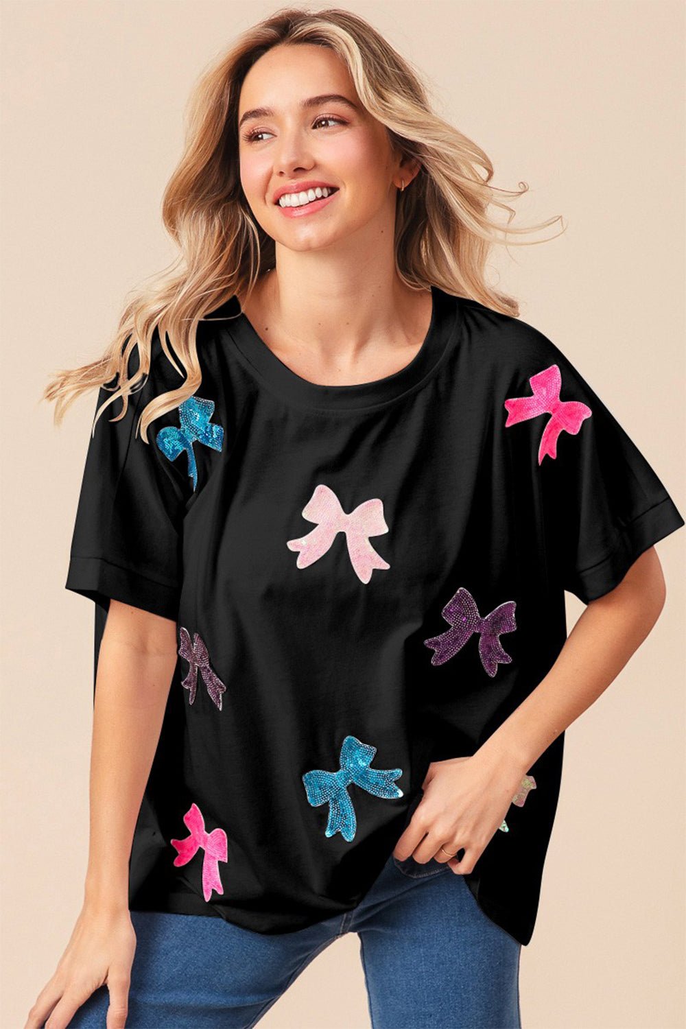 BiBi Sequin Bow Patch Short Sleeve T-Shirt - Runway Regalia