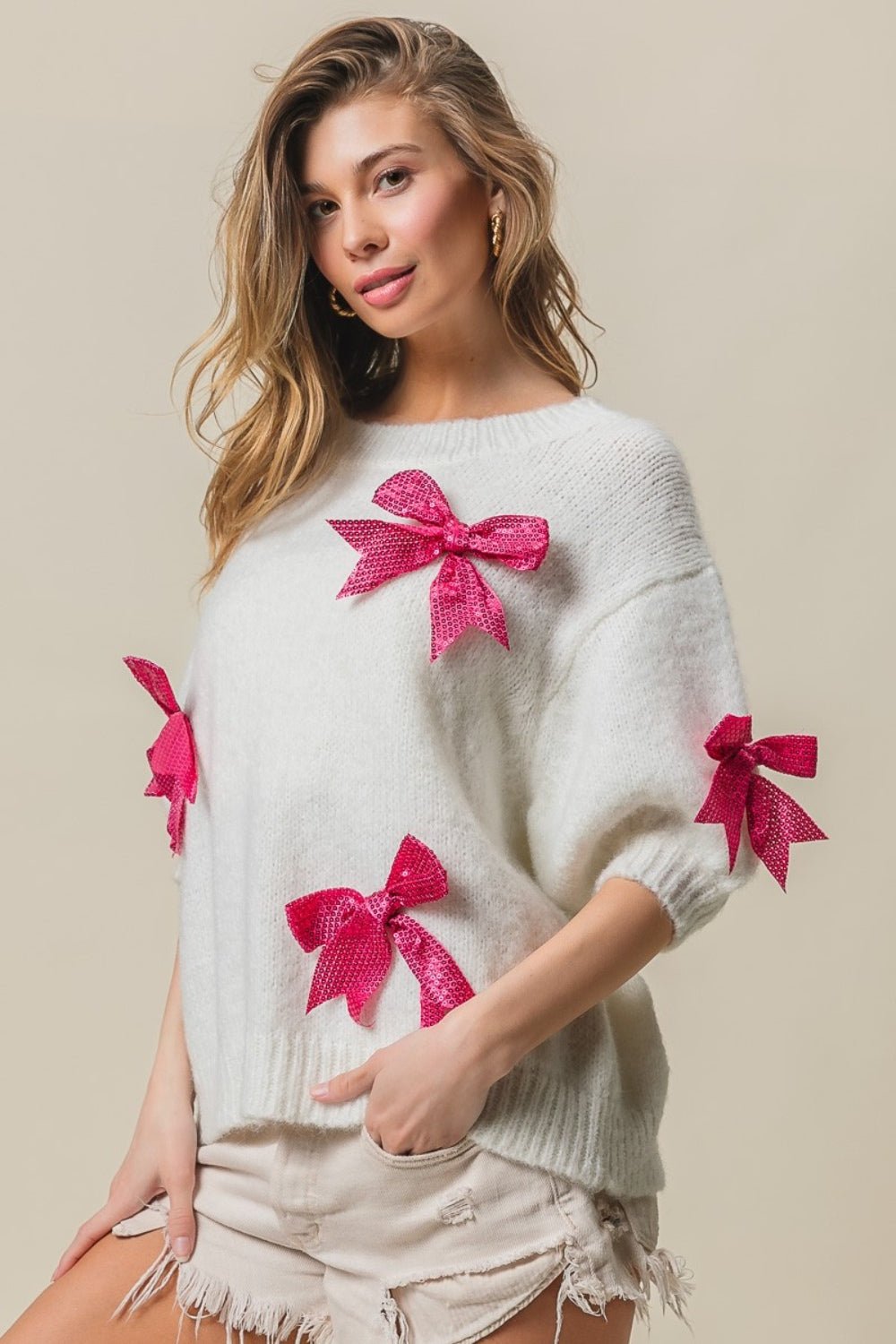 BiBi Sequin Bow Puff Sleeve Sweater - Runway Regalia