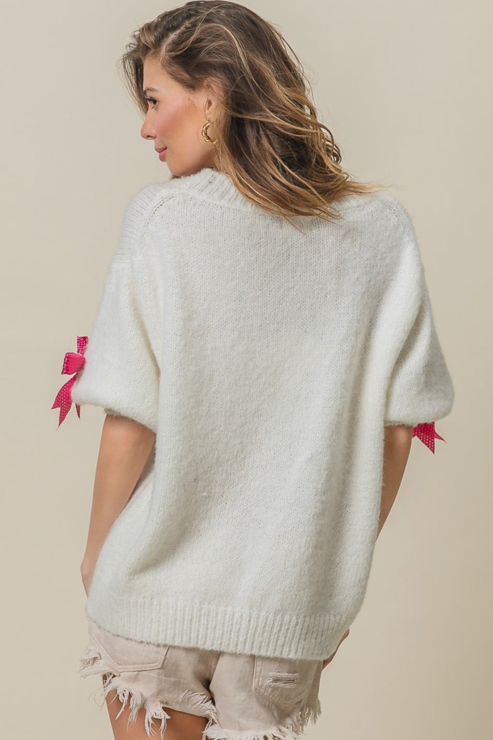 BiBi Sequin Bow Puff Sleeve Sweater - Runway Regalia