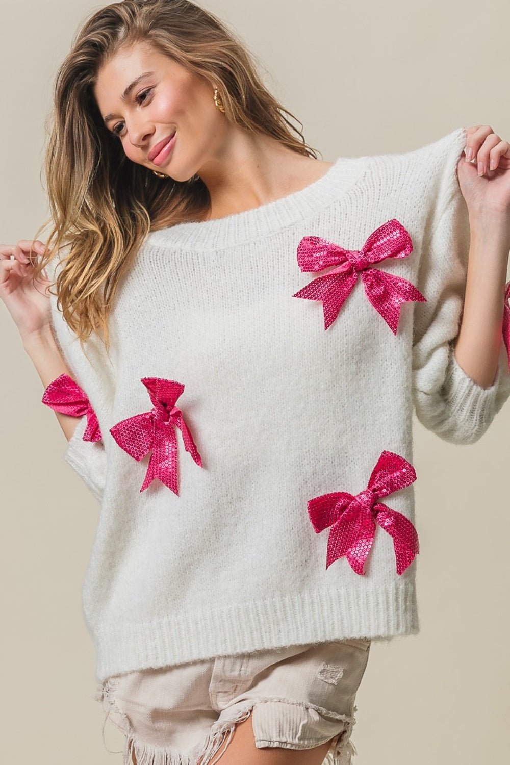 BiBi Sequin Bow Puff Sleeve Sweater - Runway Regalia