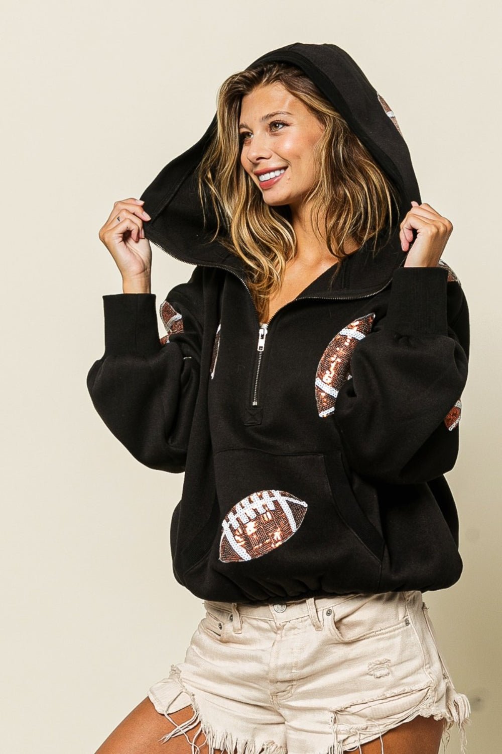 BiBi Sequin Football Half Zip Hoodie - Runway Regalia