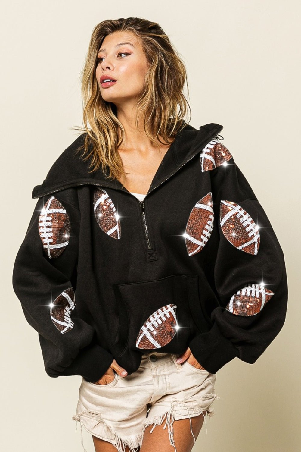 BiBi Sequin Football Half Zip Hoodie - Runway Regalia