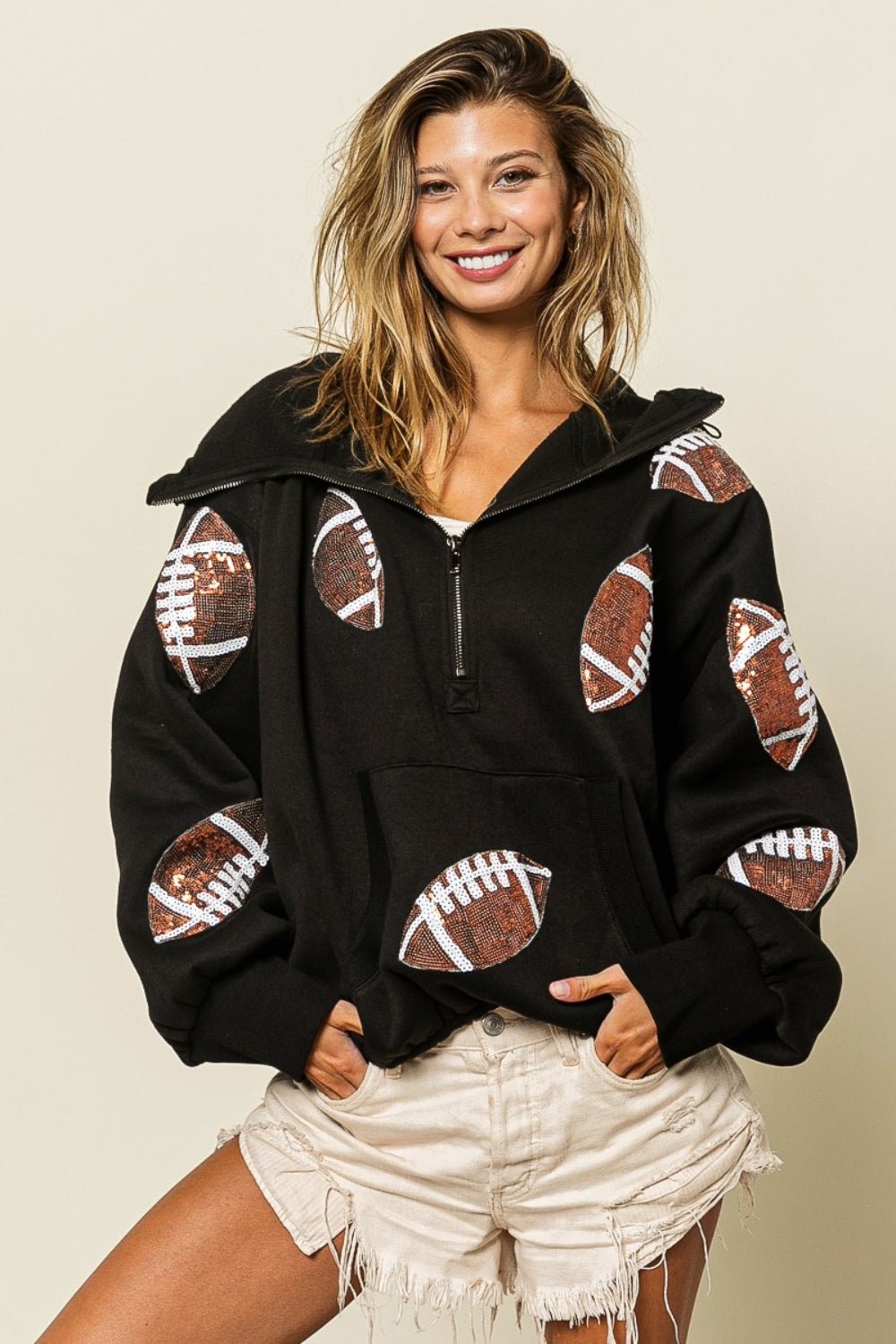 BiBi Sequin Football Half Zip Hoodie - Runway Regalia