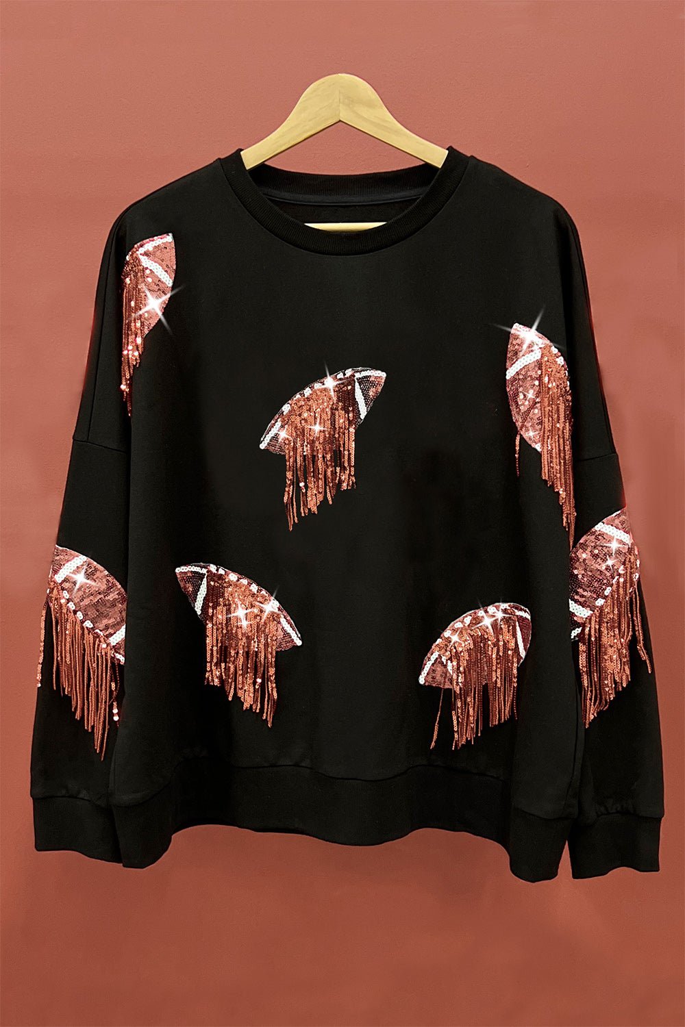 BiBi Sequin Fringe Football Patch Round Neck Sweatshirt - Runway Regalia