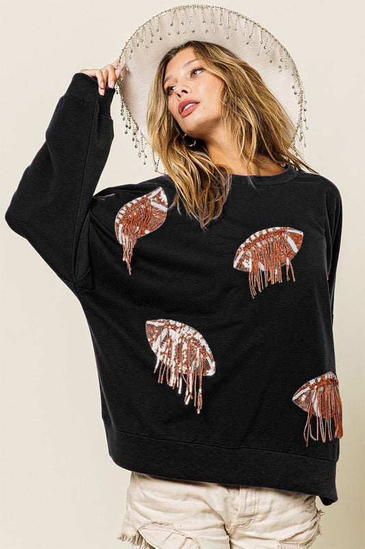 BiBi Sequin Fringe Football Patch Round Neck Sweatshirt - Runway Regalia