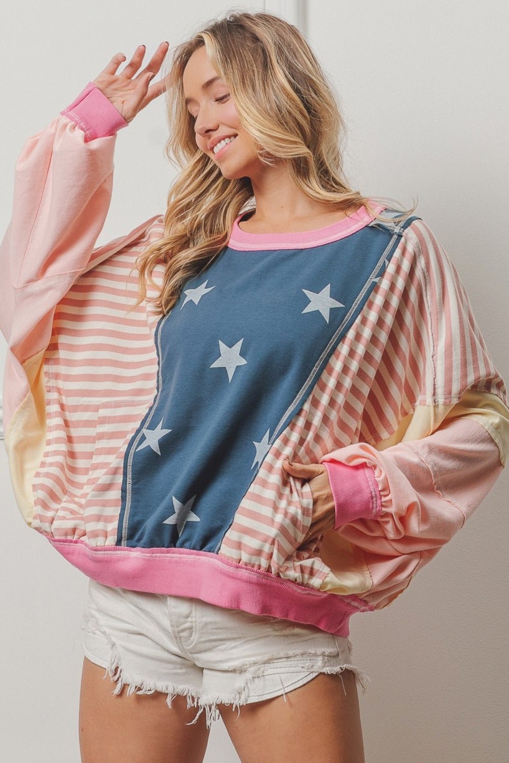 BiBi Stars and Stripes Round Neck Long Sleeve Top - Runway Regalia