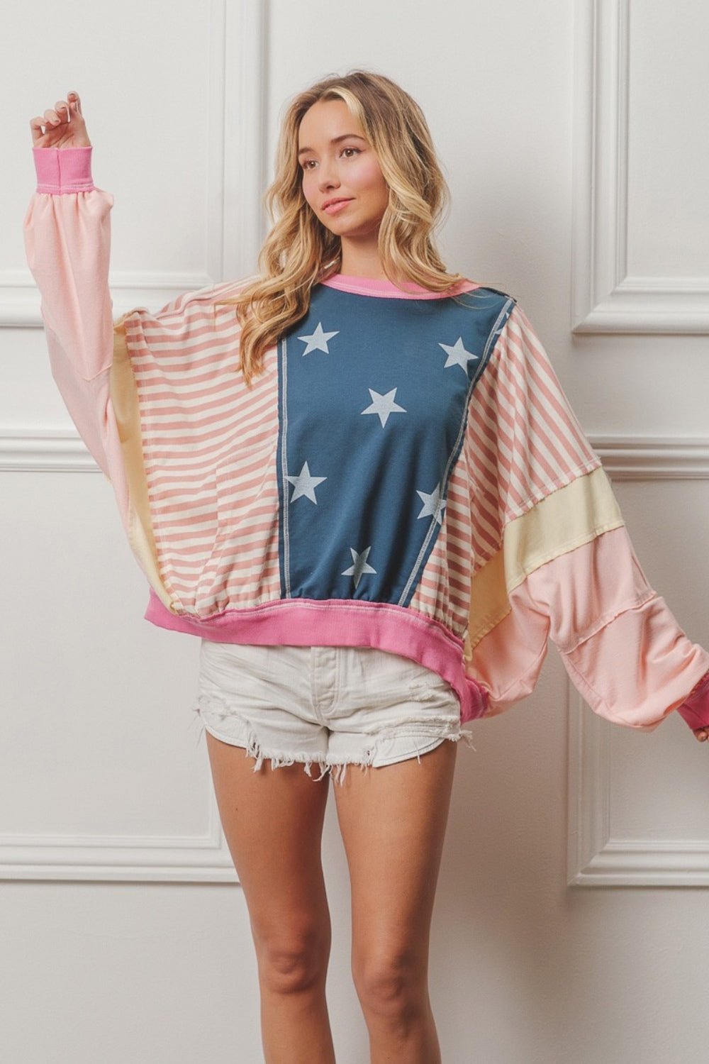 BiBi Stars and Stripes Round Neck Long Sleeve Top - Runway Regalia