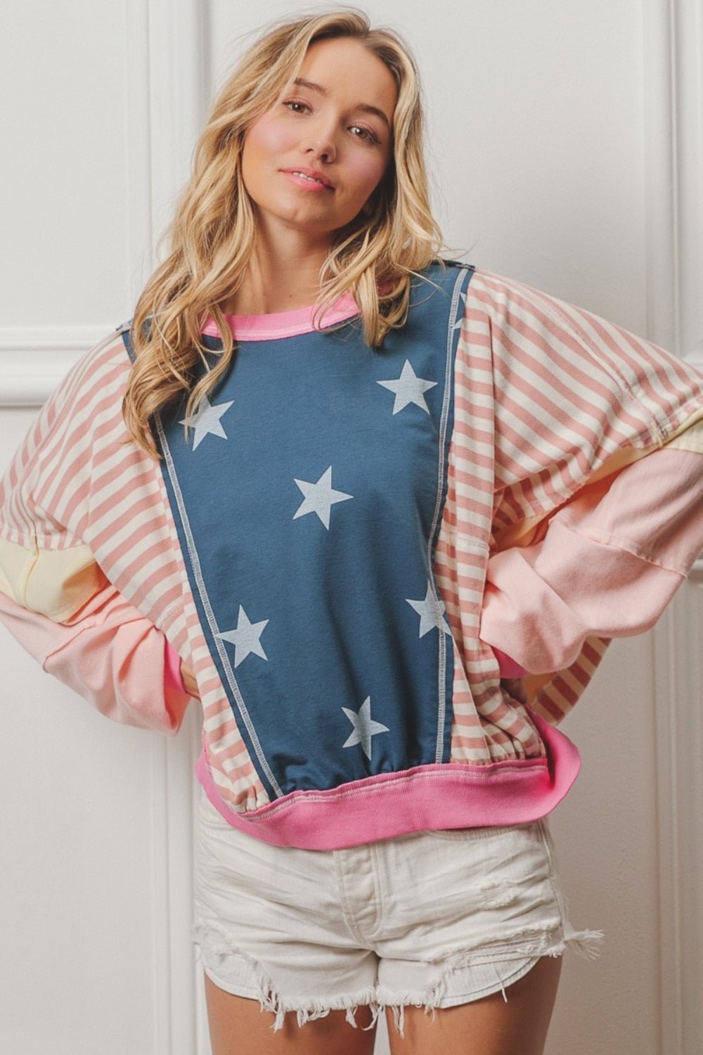 BiBi Stars and Stripes Round Neck Long Sleeve Top - Runway Regalia