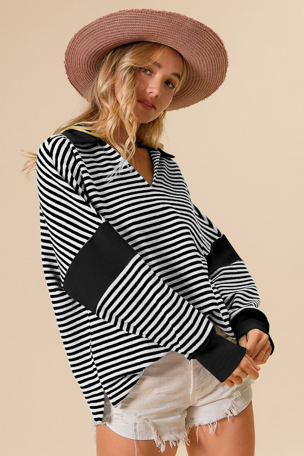 BiBi Striped Contrast Long Sleeve Knit Top - Runway Regalia