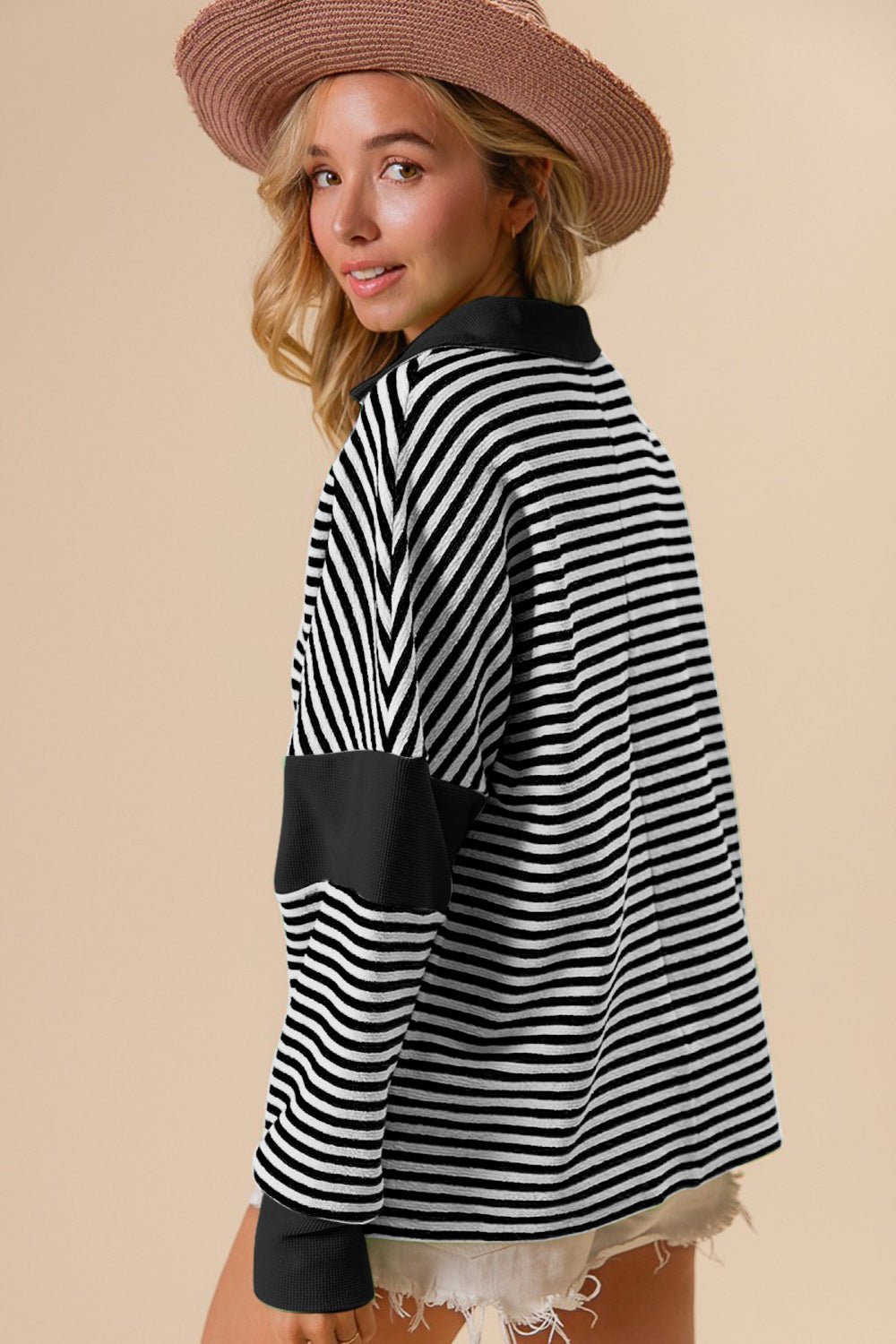 BiBi Striped Contrast Long Sleeve Knit Top - Runway Regalia