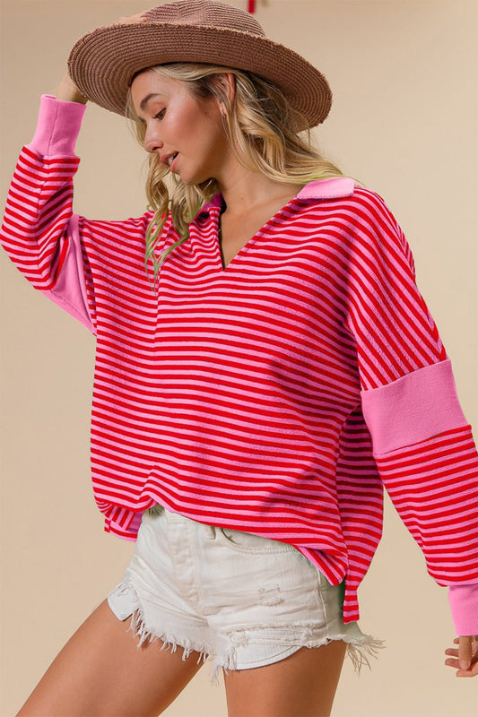 BiBi Striped Contrast Long Sleeve Knit Top - Runway Regalia