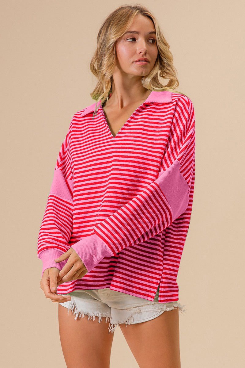 BiBi Striped Contrast Long Sleeve Knit Top - Runway Regalia