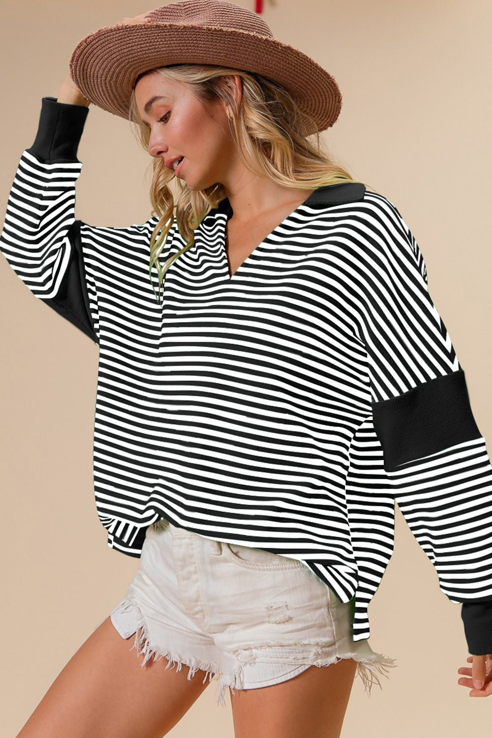 BiBi Striped Contrast Long Sleeve Knit Top - Runway Regalia